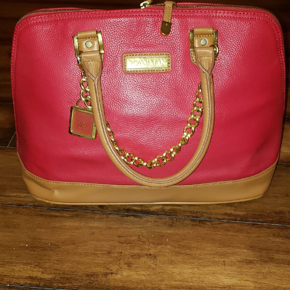 Stylish Red and Tan Satchel with Gold Chain
